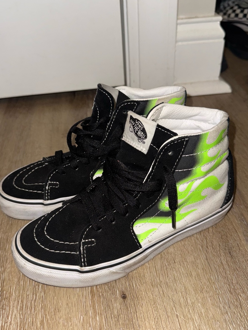 Vans Sk8-Hi High Top Sneakers in Black & Neon Green Flame